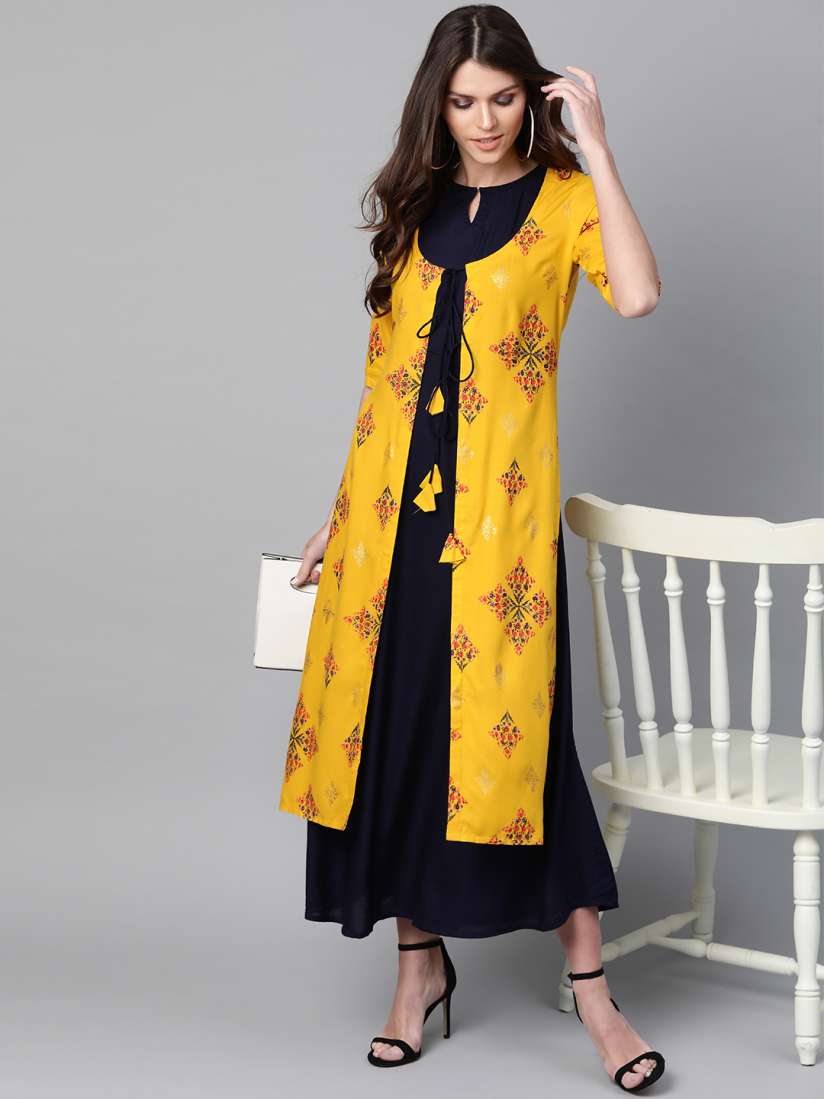 Buy Gerua By Libas Women Navy Blue Solid Maxi Dress with Longline Shrug Dresses for Women 11260882 Myntra