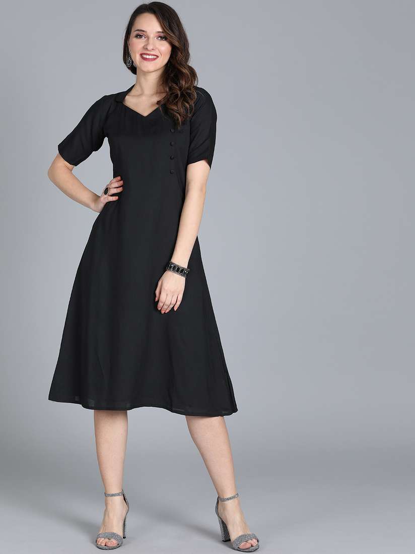 Party Wear Black One Piece Knee Length Cotton Party Wear Ladies