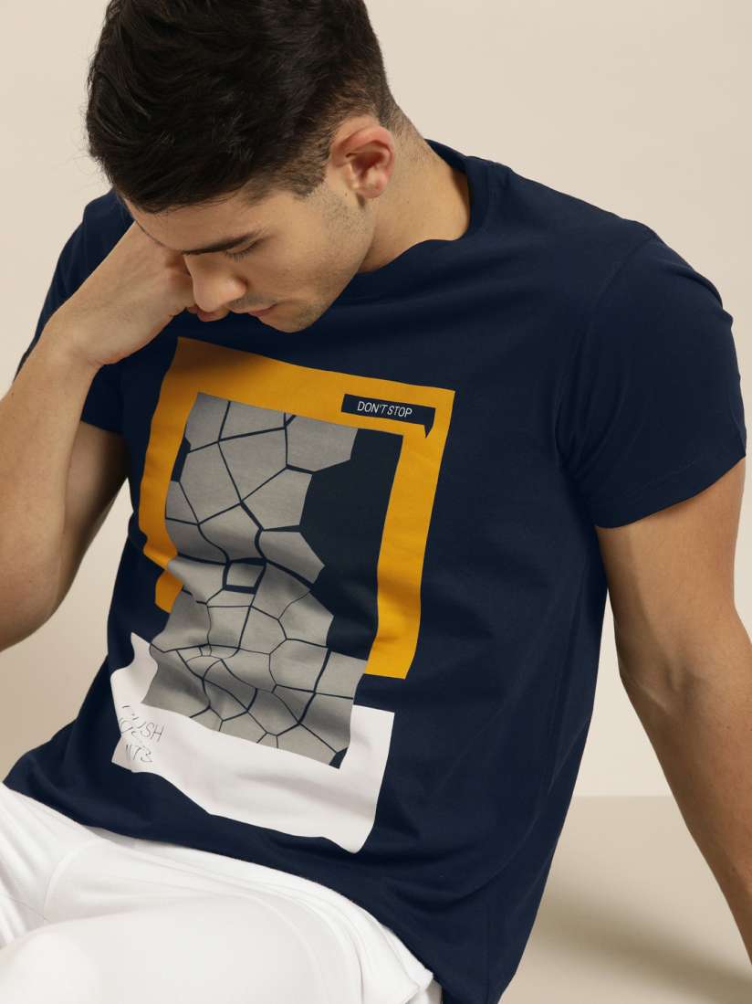 Buy Moda Rapido Men Navy Blue Printed Round Neck Pure Cotton T shirt Tshirts for Men 11269068 Myntra