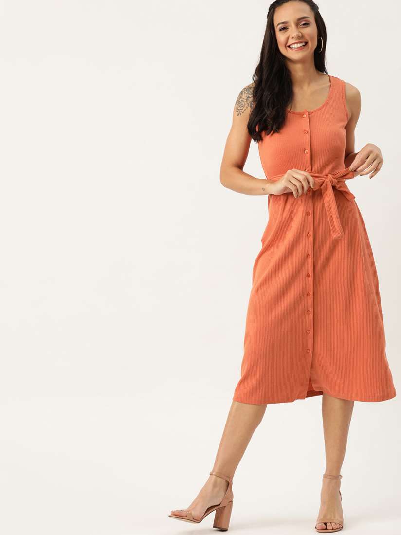 Buy DressBerry Women Peach Coloured Ribbed A Line Dress Dresses for Women 11272072 Myntra