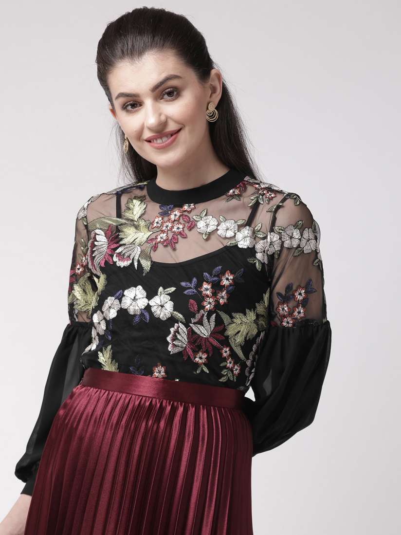 Black sheer embroidered top outlet
