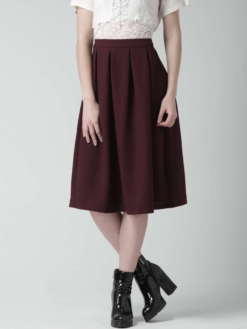 Buy FOREVER 21 Burgundy Solid Pleated Midi Skirt Skirts for Women 1130022 Myntra