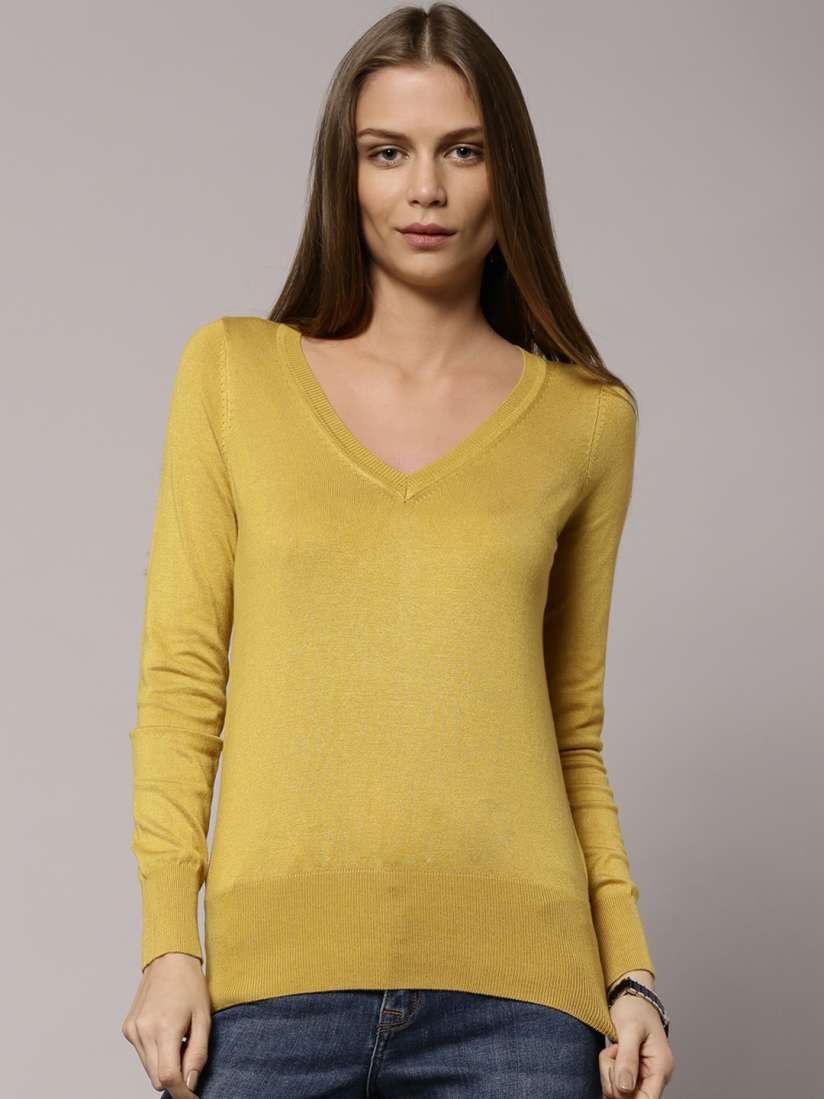 Buy Marks Spencer Mustard Yellow Stretch V Jumper Sweaters for Women 1130896 Myntra