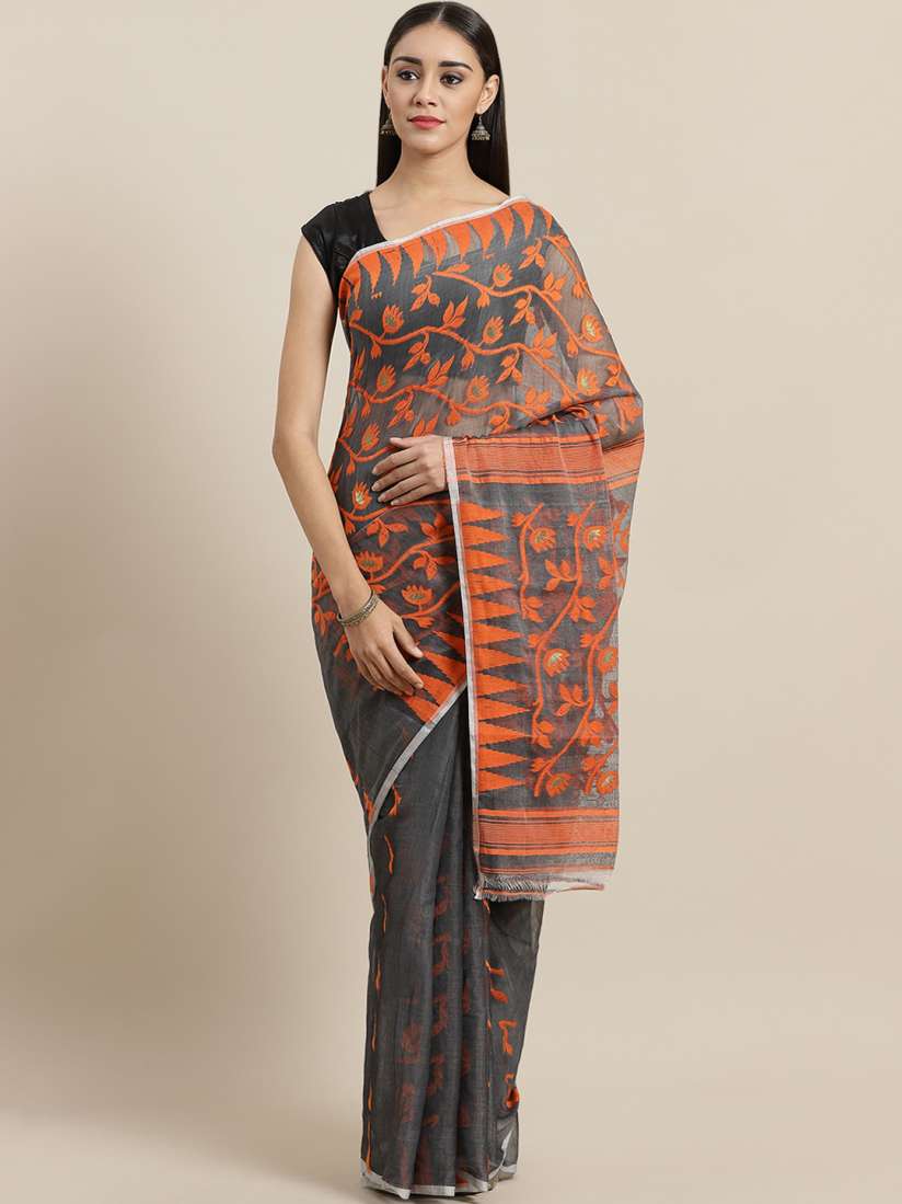 Buy Laa Calcutta Charcoal Grey Orange Woven Design Dhakai Jamdani Saree Sarees for Women 11309784 Myntra
