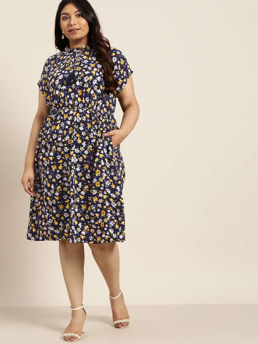 Plus size navy blue and yellow dress hotsell