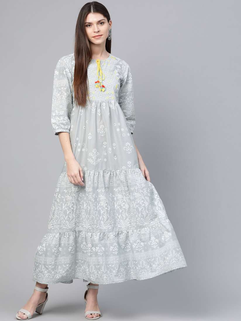 Buy Rangriti Women Grey White Printed Tiered Maxi Dress Ethnic Dresses for Women 11362514 Myntra
