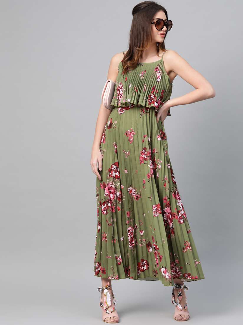 Buy SASSAFRAS Olive Green Pink Accordion Pleat Printed Maxi Dress Dresses for Women 11364432 Myntra