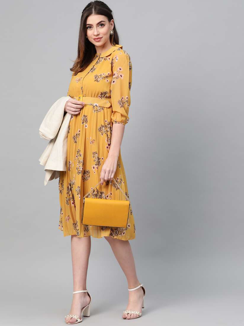 Buy SASSAFRAS Mustard Yellow Green Accordion Pleat Floral Printed Empire Dress Dresses for Women 11364448 Myntra