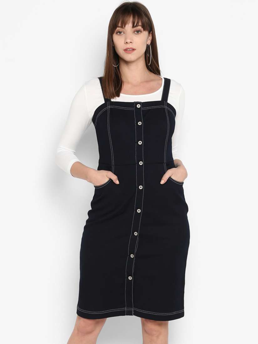 Buy FOSH Women Navy Blue Solid Pinafore Dress Dresses for Women 11365202 Myntra