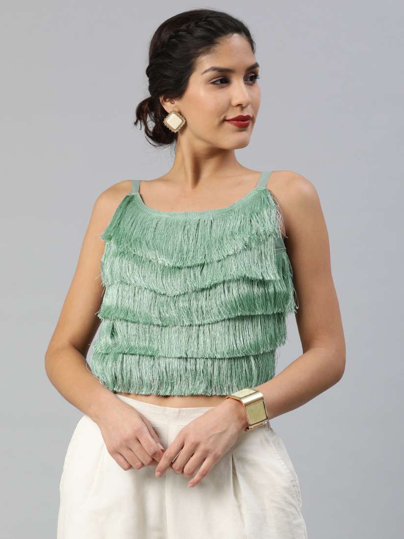 Buy Inddus Women Sea Green Solid Styled Back Fringed Top - Tops for Women  11387430 | Myntra