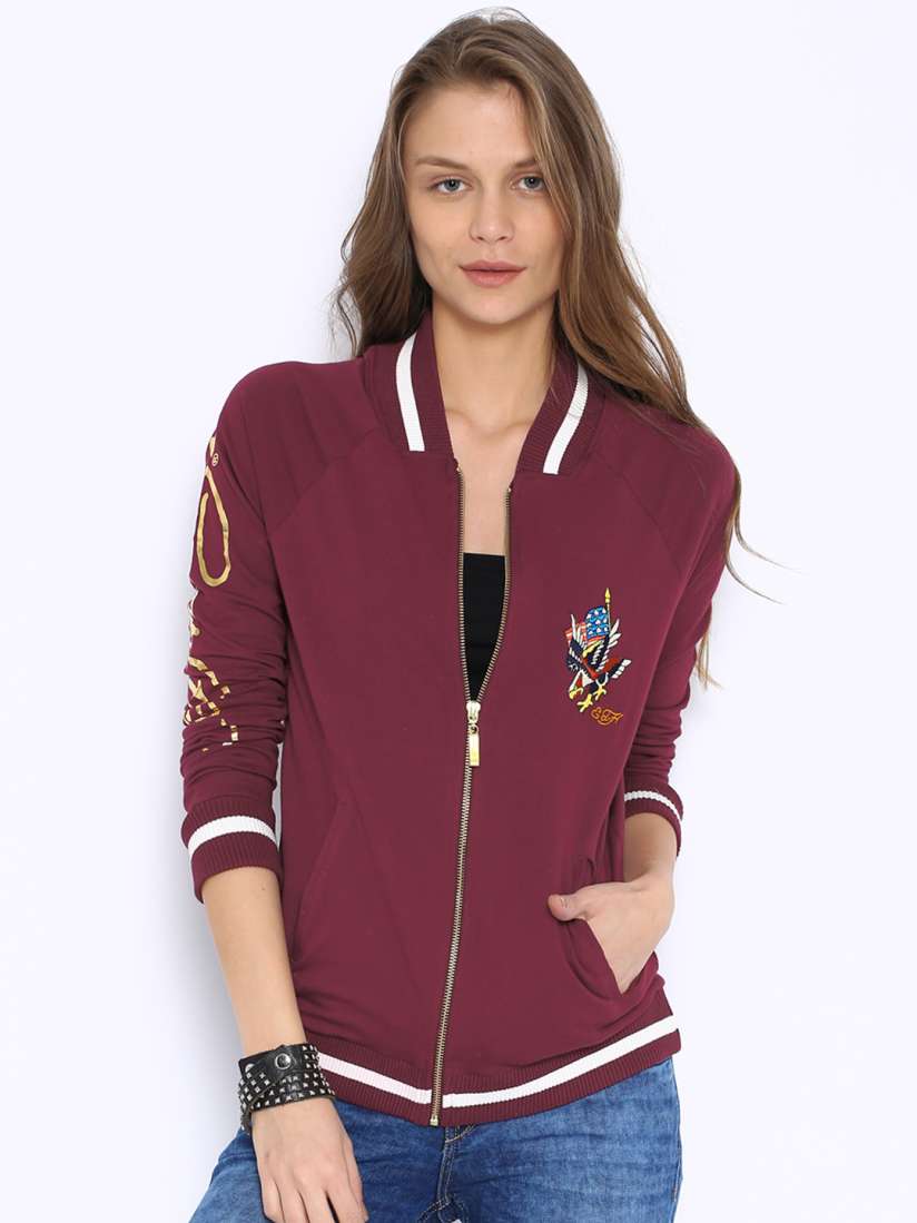 Buy Ed Hardy Women Maroon Solid Sporty Jacket Jackets for Women 1139303 Myntra