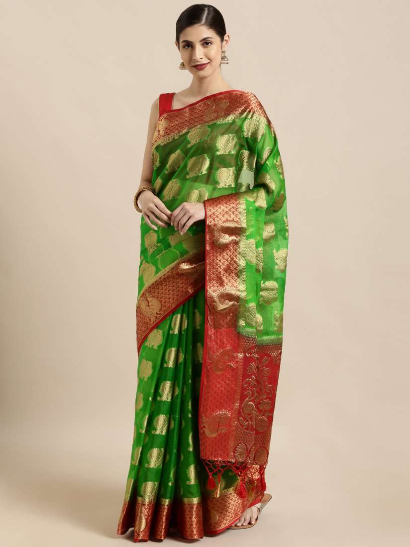 Buy Mitera Green Red Art Silk Woven Design Kanjeevaram Saree Sarees for Women 11394908 Myntra
