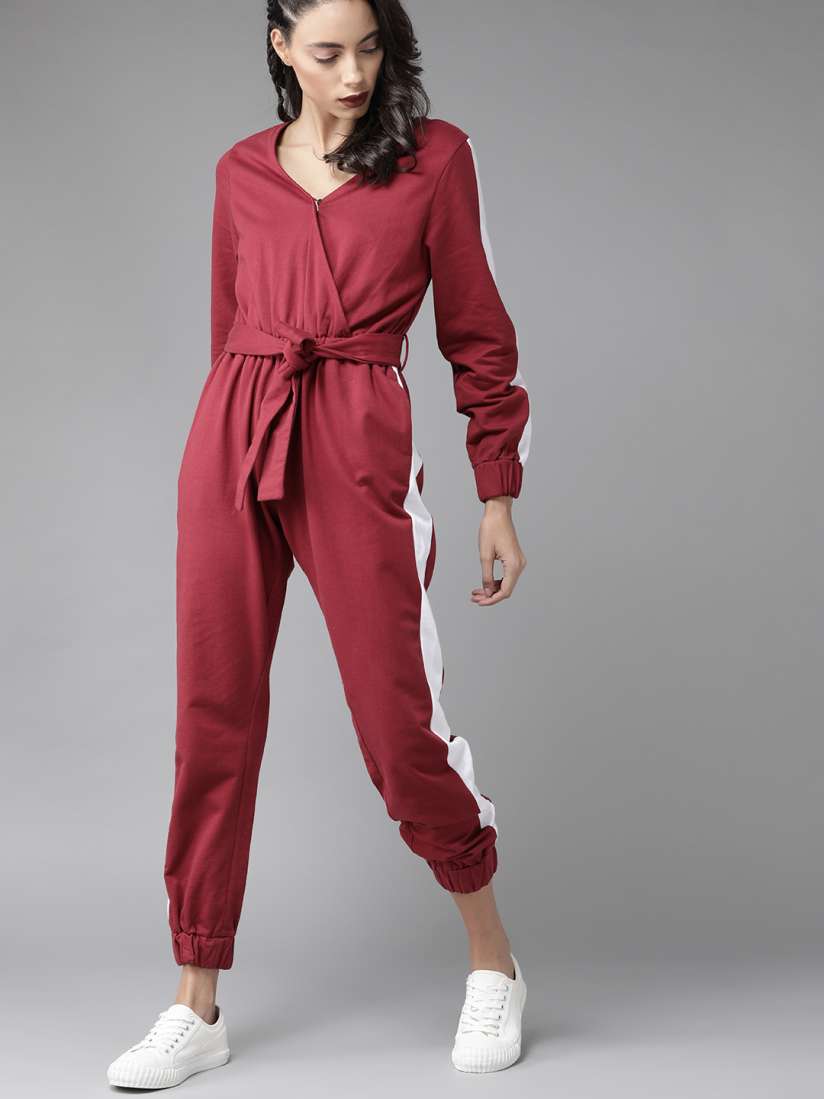 Buy Roadster Women Maroon White Pure Cotton Side Taping Basic Jumpsuit Jumpsuit for Women 11396736 Myntra
