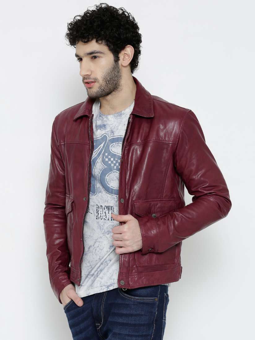 Buy BARESKIN Wine Coloured Panelled Leather Jacket Jackets for Men 1139718 Myntra