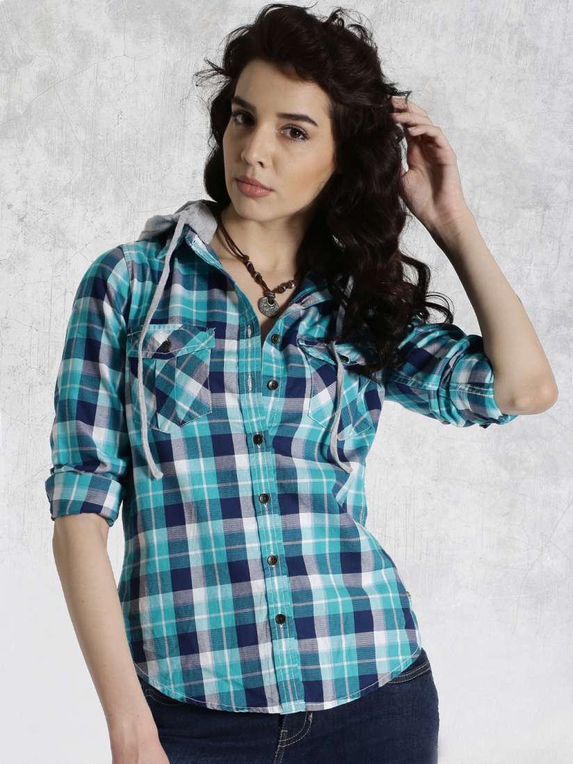Buy Roadster Blue White Checked Casual Shirt with Detachable Hood Shirts for Women 1140861 Myntra