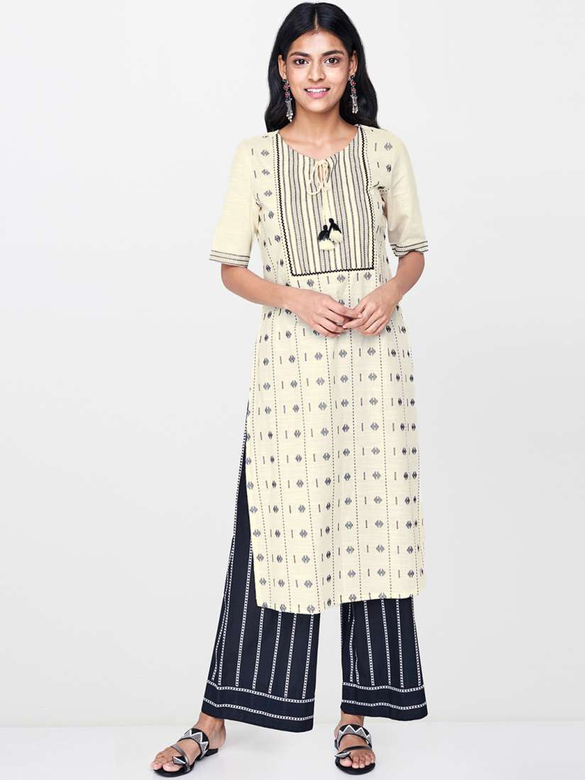 Buy Global Desi Women Off White Black Woven Design Straight Kurta Kurtas for Women 11424194 Myntra