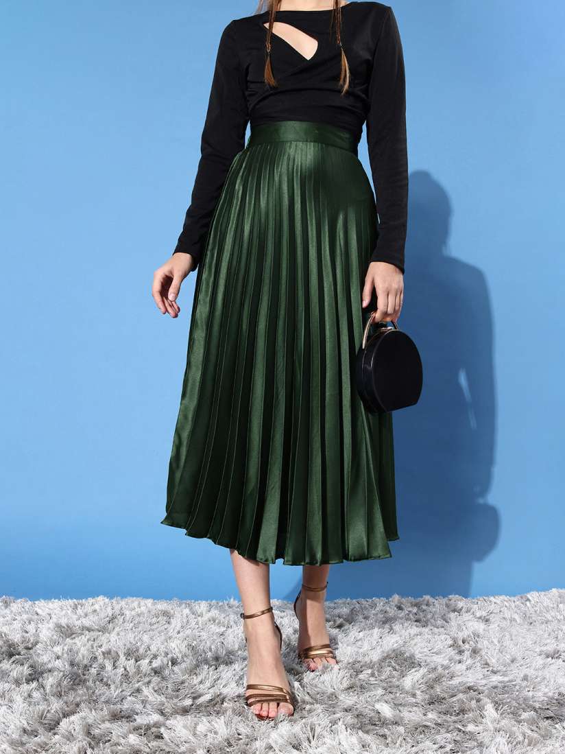Green silk midi skirt pleated cheap