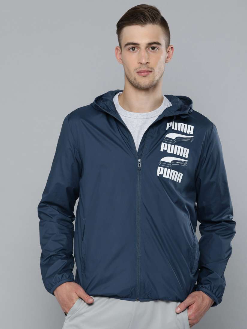 Buy Puma Men Teal Blue Printed Water Repellent Hooded Rebel Windbreaker Sporty Jacket Jackets for Men 11452146 Myntra