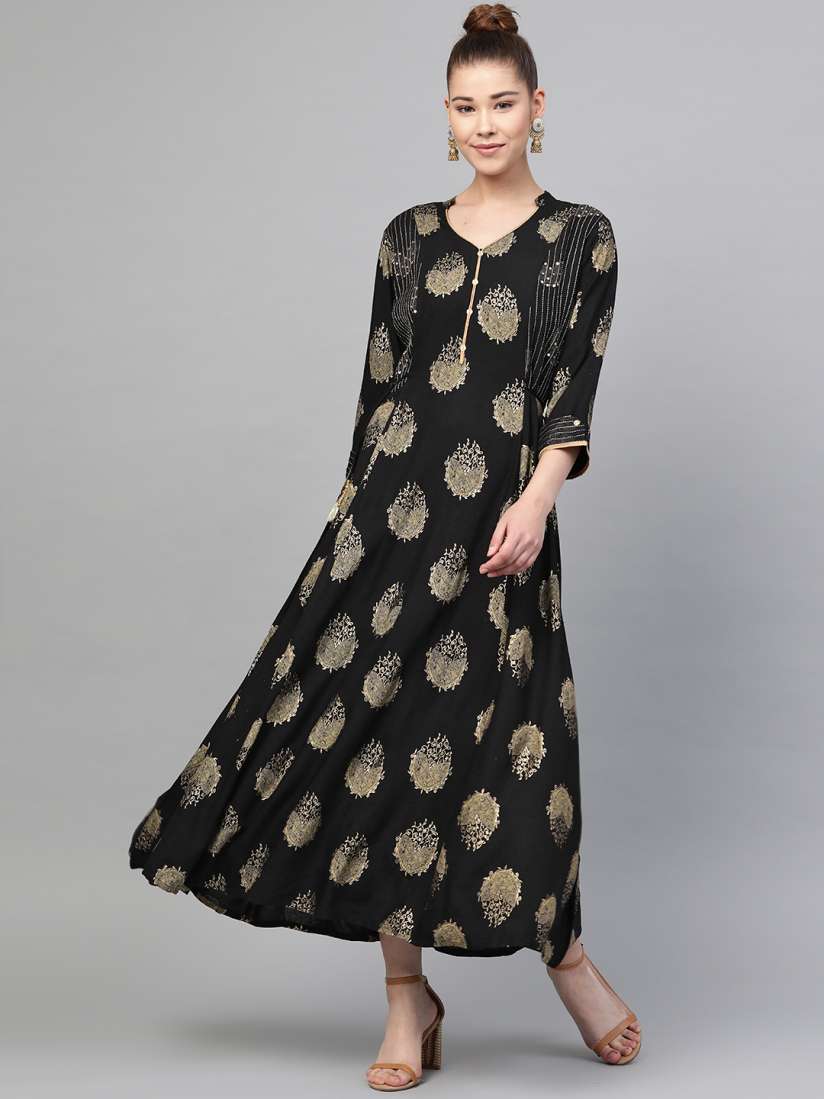 Buy Shree Women Black Golden Printed Maxi Dress Dresses for Women 11462422 Myntra