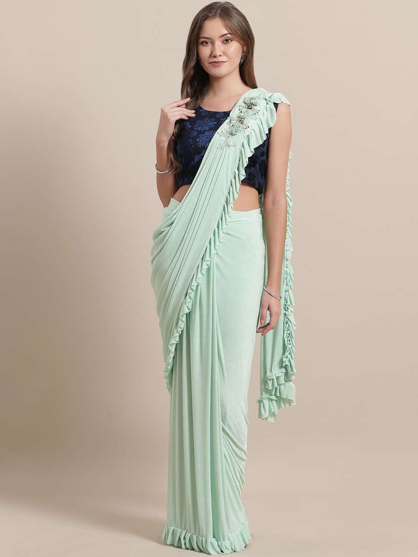 Buy Mitera Green Solid Ruffle Ready To Wear Saree Sarees for Women 11473144 Myntra