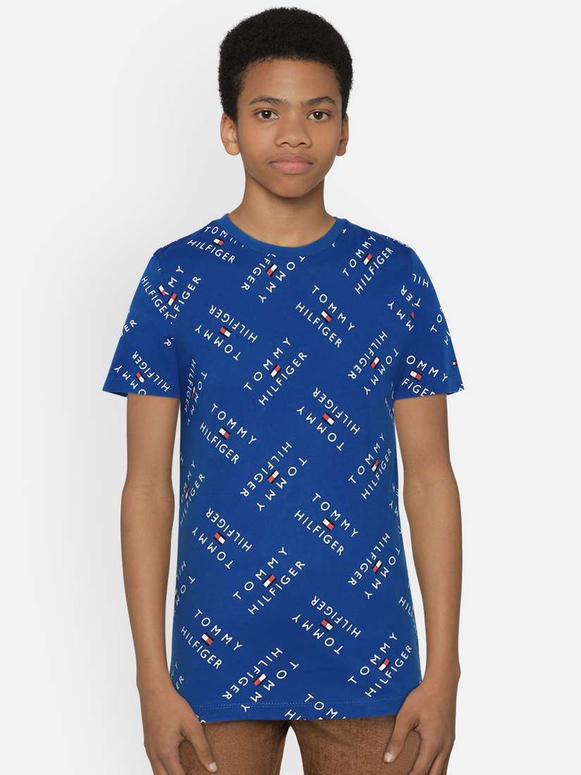 Buy Tommy Hilfiger Boys Blue White Printed Round Neck T-shirt