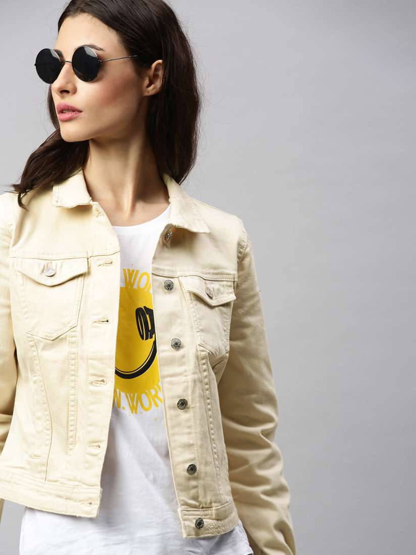 Buy ONLY Women Cream Coloured Solid Denim Jacket Jackets for Women 11492464 Myntra
