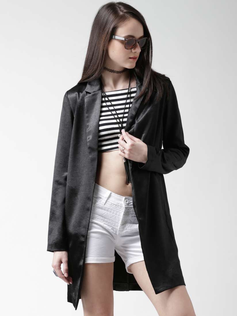 Buy FOREVER 21 Women Black Sheen Longline Overcoat Coats for Women 1149831 Myntra