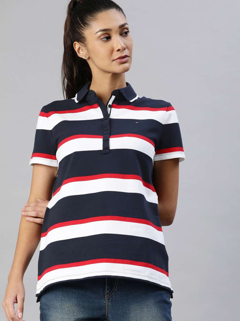 Buy Tommy Hilfiger Women Navy Blue White Striped Polo Collar T shirt Tshirts for Women 11505328 Myntra