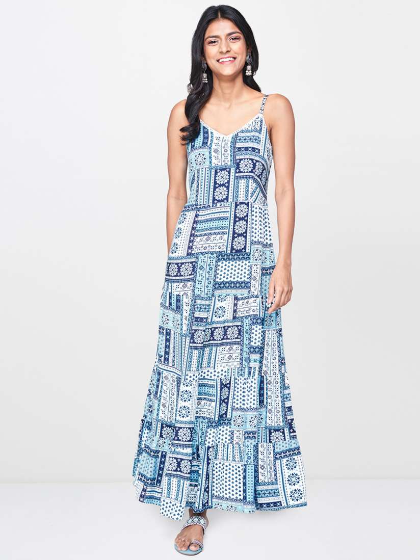 Buy Global Desi Women Navy Blue White Printed Maxi Dress with Smocked Detail Dresses for Women 11506790 Myntra