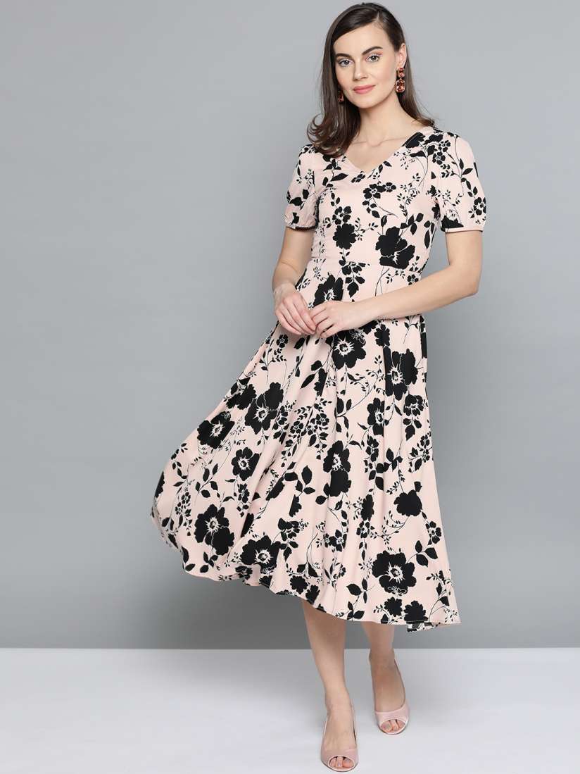 Buy Harpa Women Peach Coloured Black Printed A Line Dress Dresses for Women 11515100 Myntra