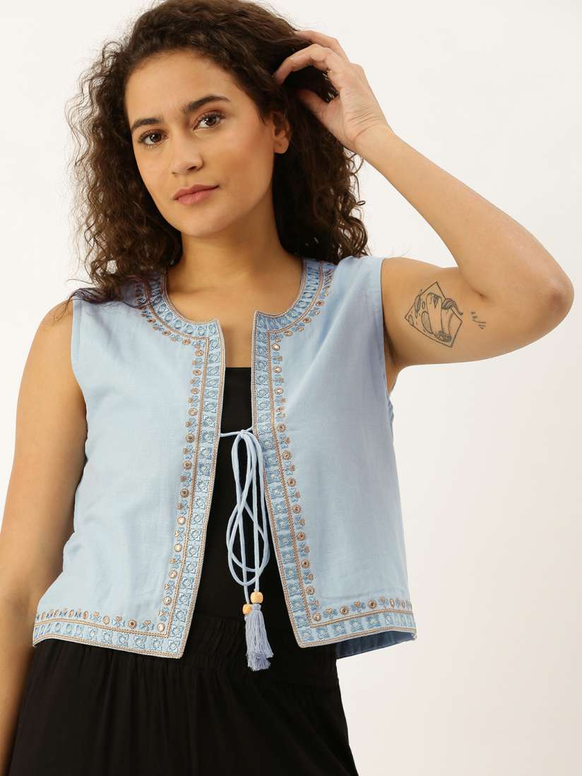 Buy Soch Women Blue Solid Open Front Ethnic Jacket with Embroidery tie Ups Jackets for Women 11519388 Myntra