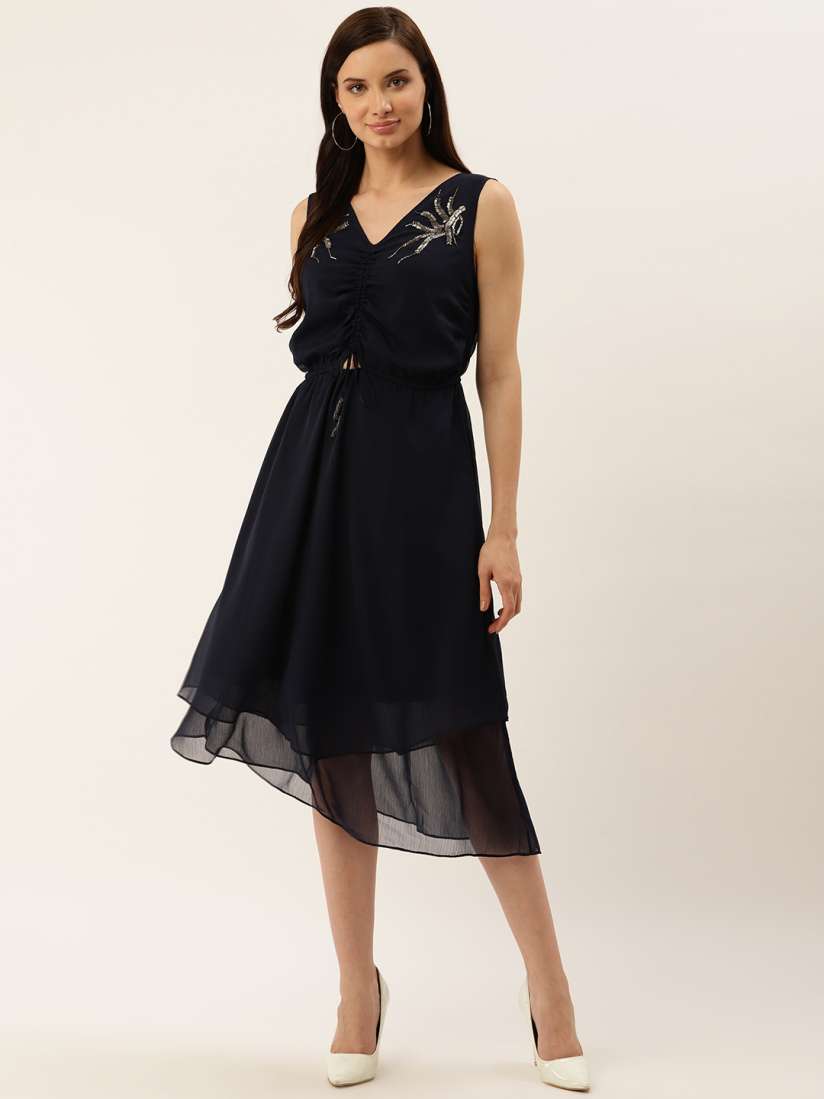 Asymmetric hem embellished neck navy blue chiffon dress cheap