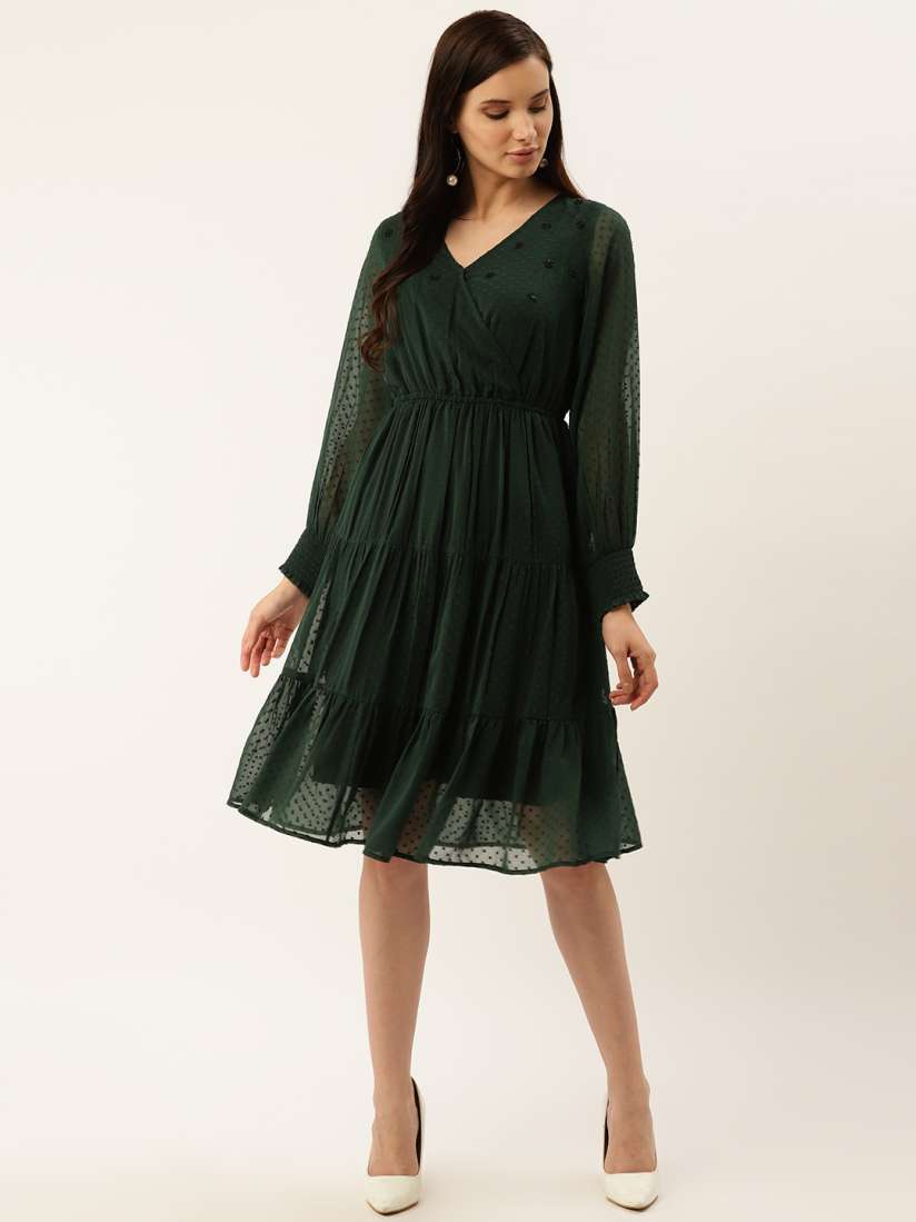 Buy Antheaa Women Green Dobby Weave Tiered Wrap Dress Dresses for Women 11537380 Myntra