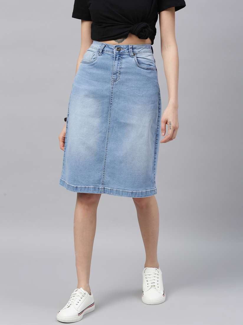 Knee length faded denim skirt cheap