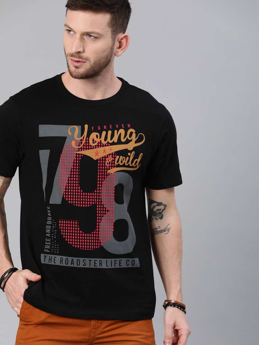Buy Roadster Men Black Printed Round Neck Pure Cotton T shirt Tshirts for Men 11545304 Myntra