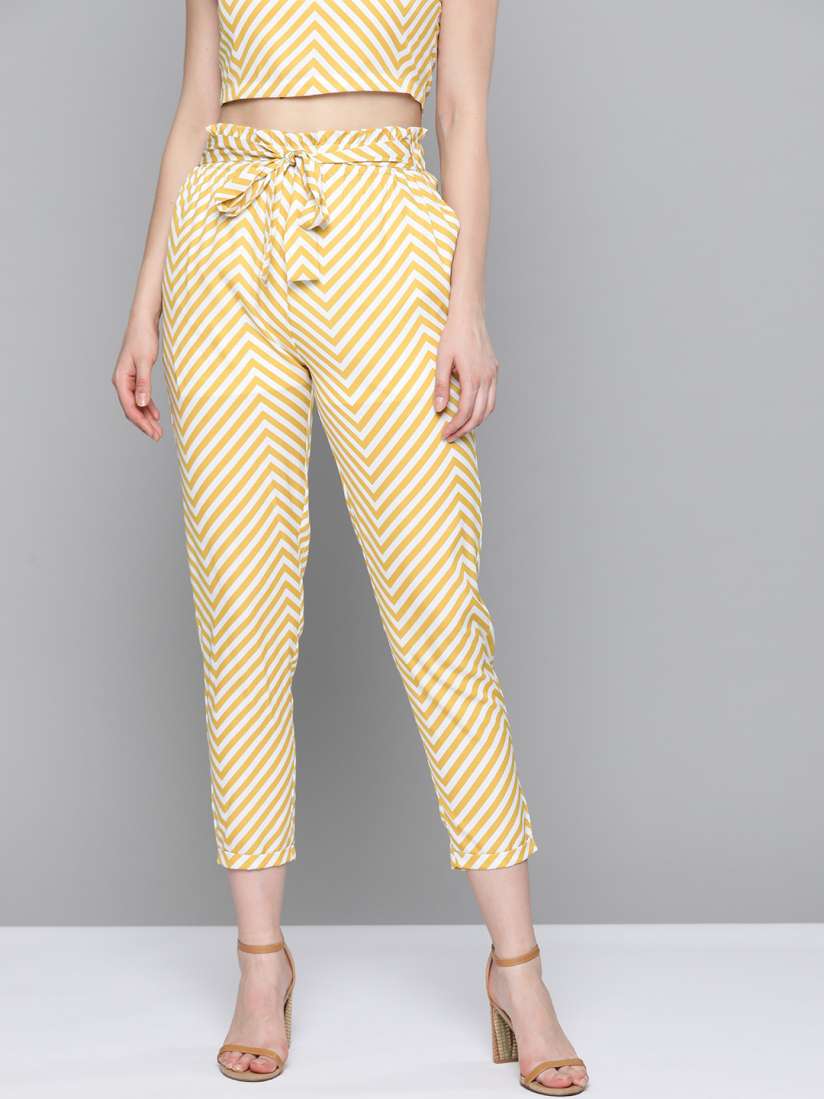 Yellow belted trousers on sale