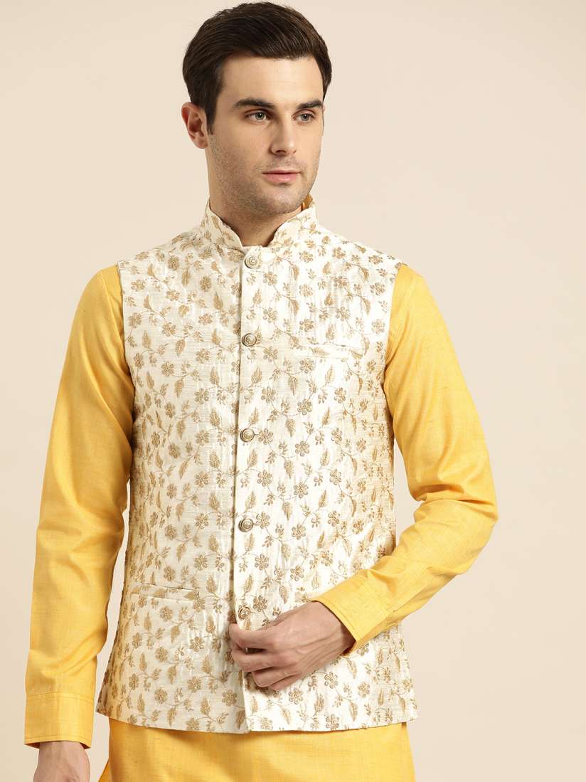 Buy SOJANYA Men Cream Coloured Golden Embroidered Nehru Jacket Nehru Jackets for Men 11562644 Myntra