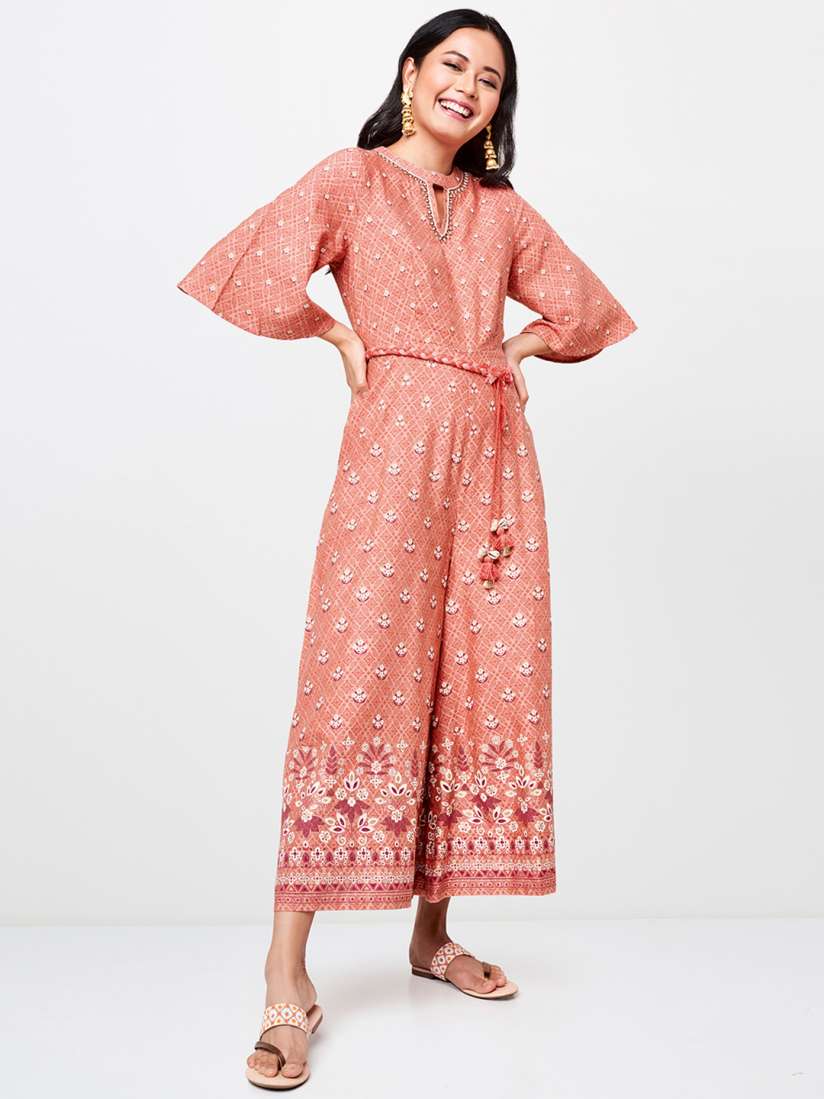 Buy Global Desi Women Pink White Printed Basic Jumpsuit With Embellishments Flared Sleeves Jumpsuit for Women 11576454 Myntra
