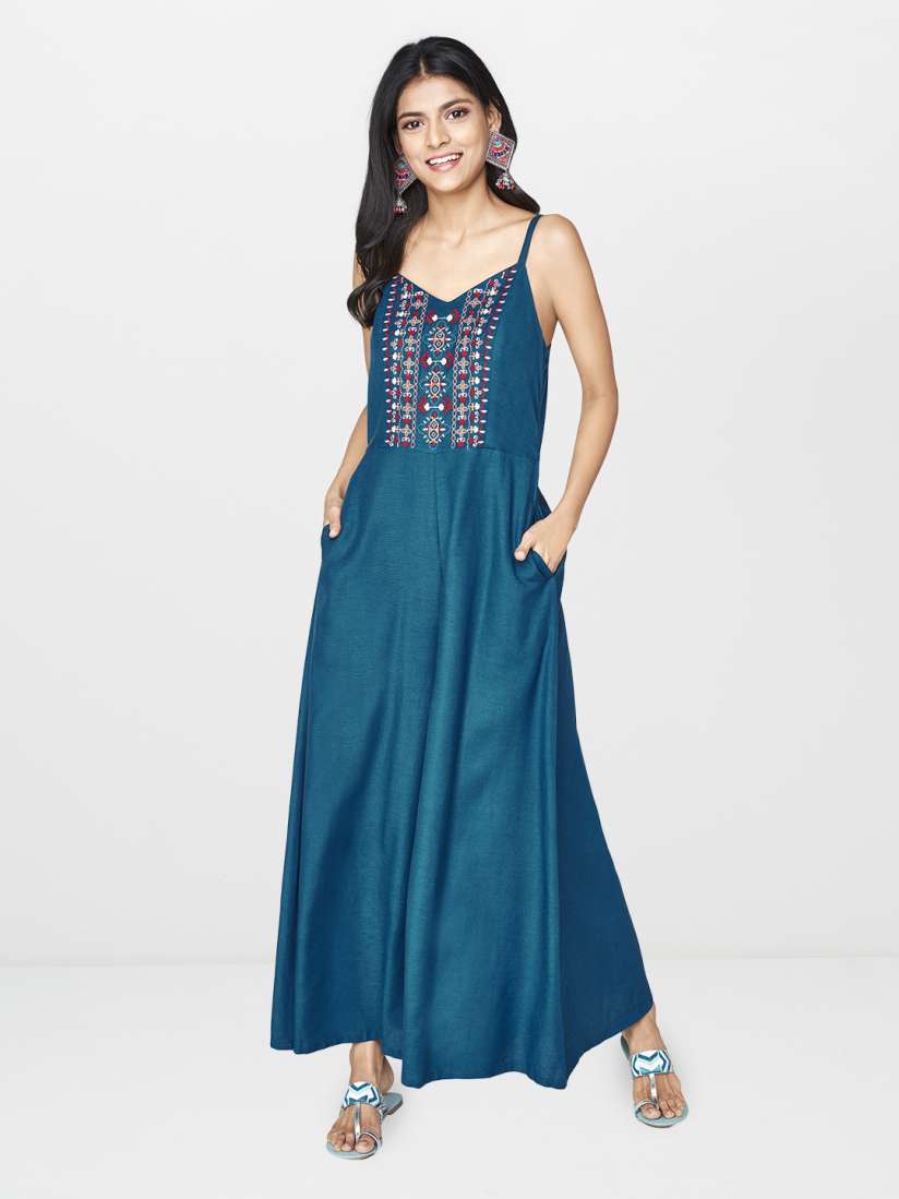Buy Global Desi Women Teal Blue Solid Flared Basic Jumpsuit with Embroidered Detail Jumpsuit for Women 11576470 Myntra