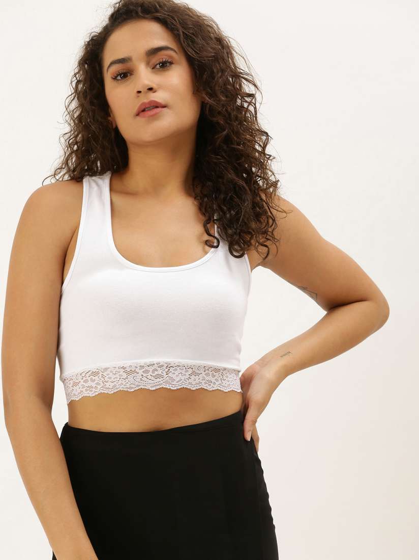 Buy FOREVER 21 Women White Solid Cropped Fitted Tank Top with Lace Inserts Tops for Women 11580268 Myntra