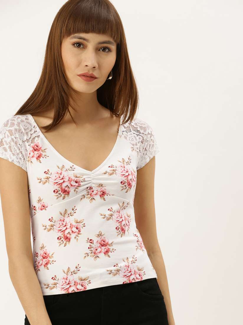 Buy FOREVER 21 Women White Pink Printed Top With Lace Inserts Tops for Women 11580494 Myntra