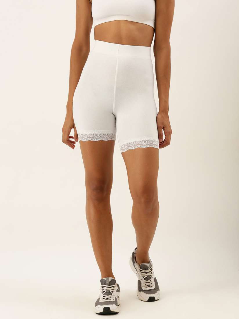 Buy FOREVER 21 Women White Solid Skinny Fit Cycling Shorts with Lace Inserts Shorts for Women 11581668 Myntra