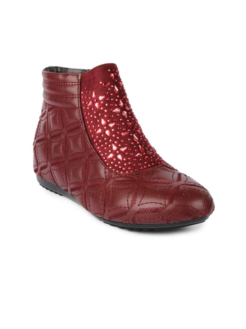 Buy Jove Women Maroon Quilted Flat Boots Boots for Women 1159747 Myntra
