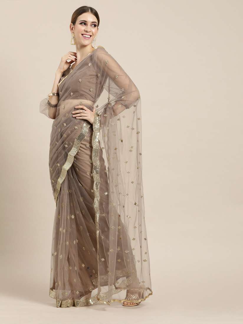 Buy Inddus Taupe Golden Net Embellished Saree Sarees for Women 11611140 Myntra