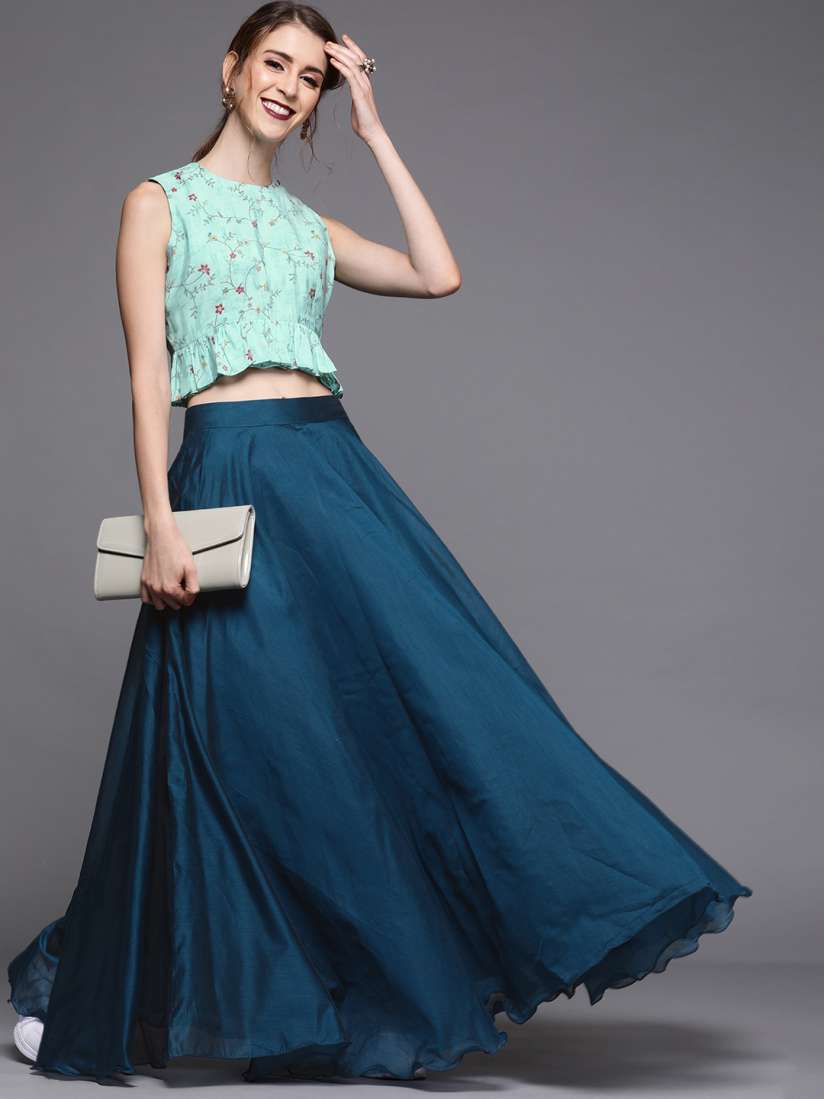 Buy Inddus Sea Green Teal Blue Embroidered Crop Top with Skirt Co Ords for Women 11611274 Myntra