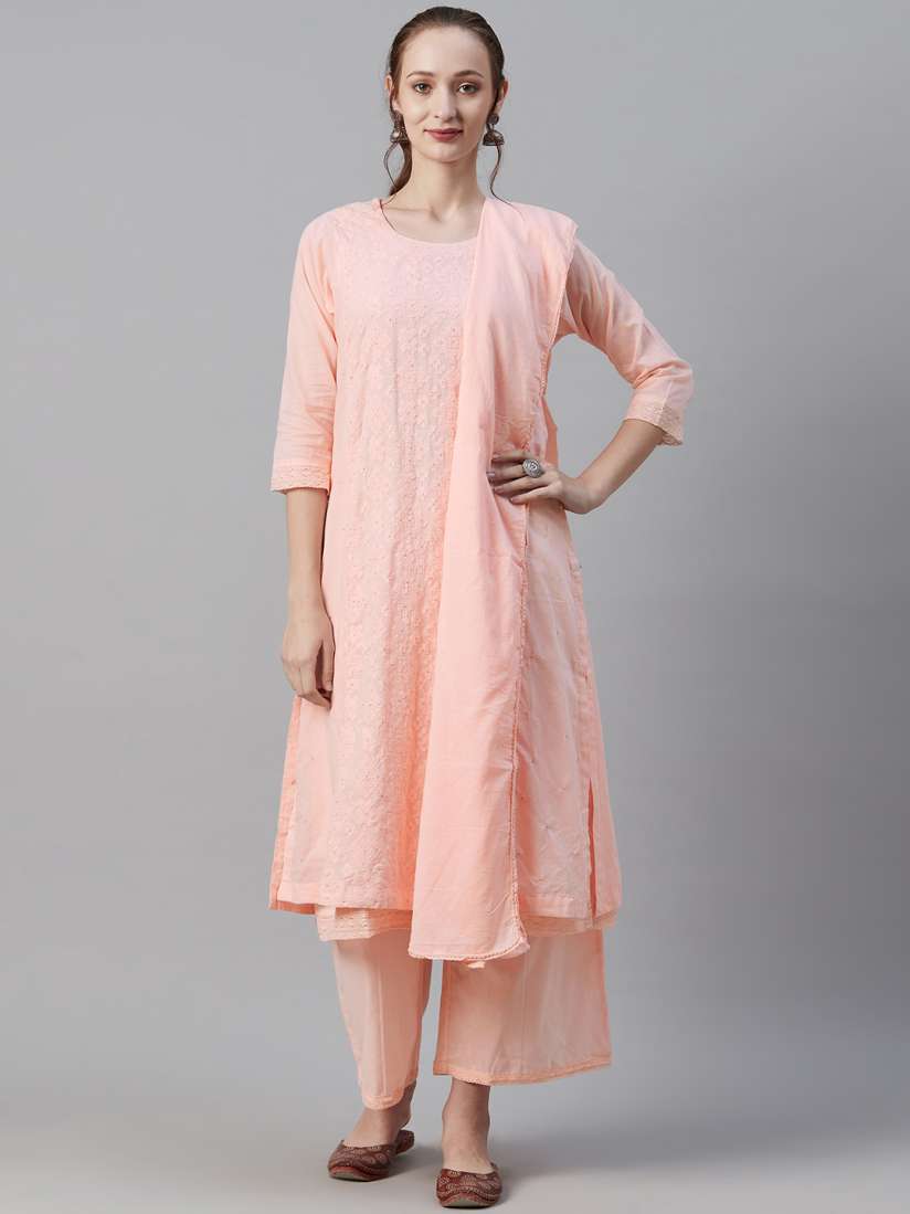 Buy Biba Women Peach Coloured Chikankari Embroidered Kurta With Palazzos Dupatta Kurta Sets for Women 11620482 Myntra