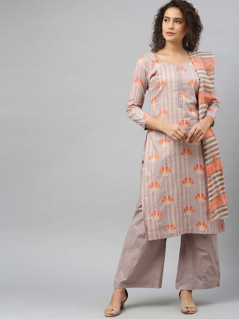 Buy DIVASTRI Grey Orange Cotton Blend Unstitched Dress Material Dress Material for Women 11625732 Myntra