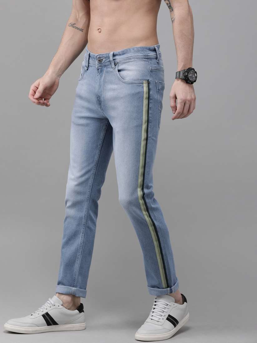 Side stripe jeans mens myntra hot sale