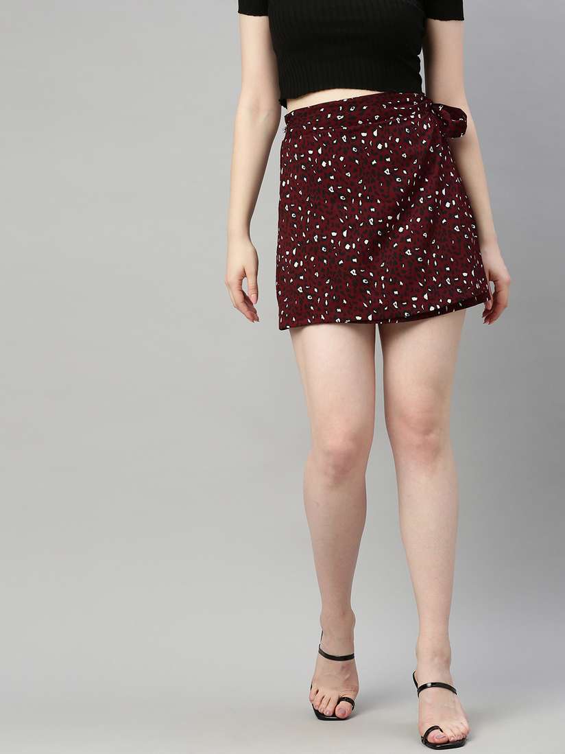 Buy Sera Burgundy Black Animal Printed Wrap Mini Skirt with Tie