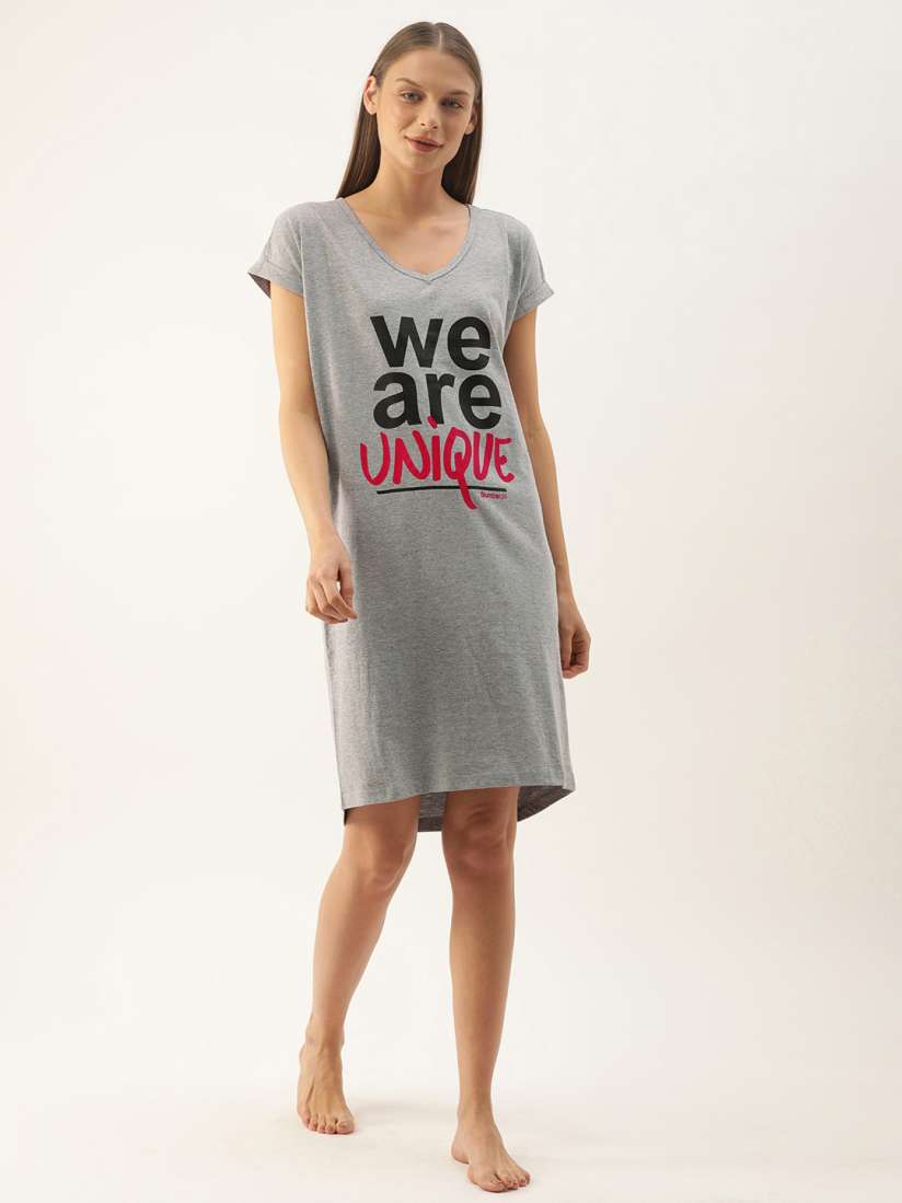 Buy Slumber Jill Women Grey Melange Black We Are Unique Loose Fit Sleep Shirt Nightdress for Women 11637714 Myntra